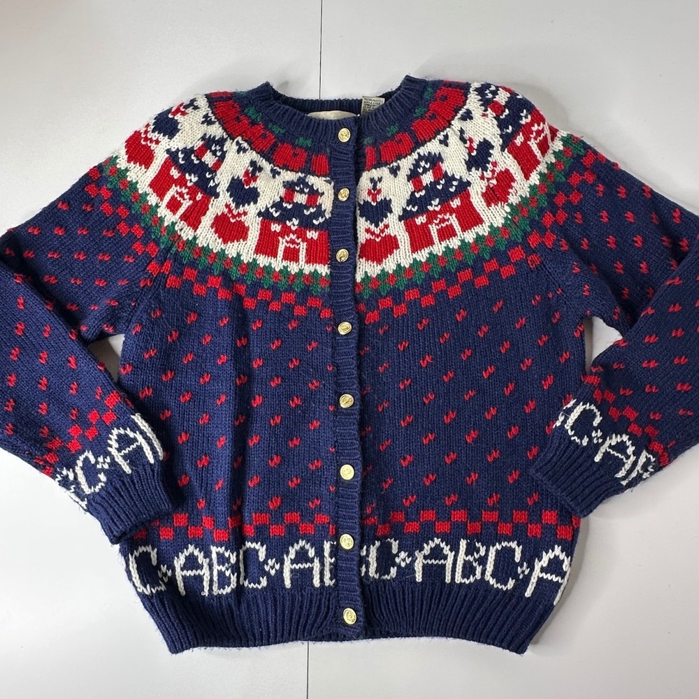 Northern Isles Cardigan Blue Gold Buttons ABC Schoolhouse Teacher Vintage Sz XL - Picture 12 of 16